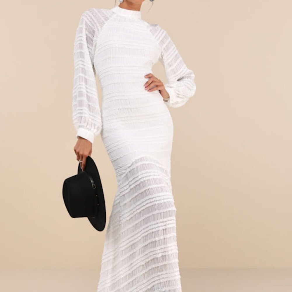 Lulus Exemplary Romance White Textured Backless Trumpet Hem Maxi Dress - Size L